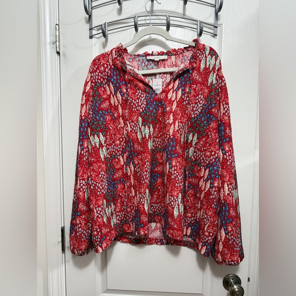 Loft Women's XL Garden Ruffle Tie Neck Blouse Textured Multicolor Red NWT Boho‎